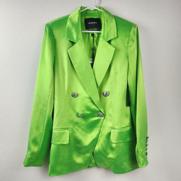Retrofete Saige Double Breasted Blazer in Lime Punch Green Size Small NWT Satin - Picture 3 of 15